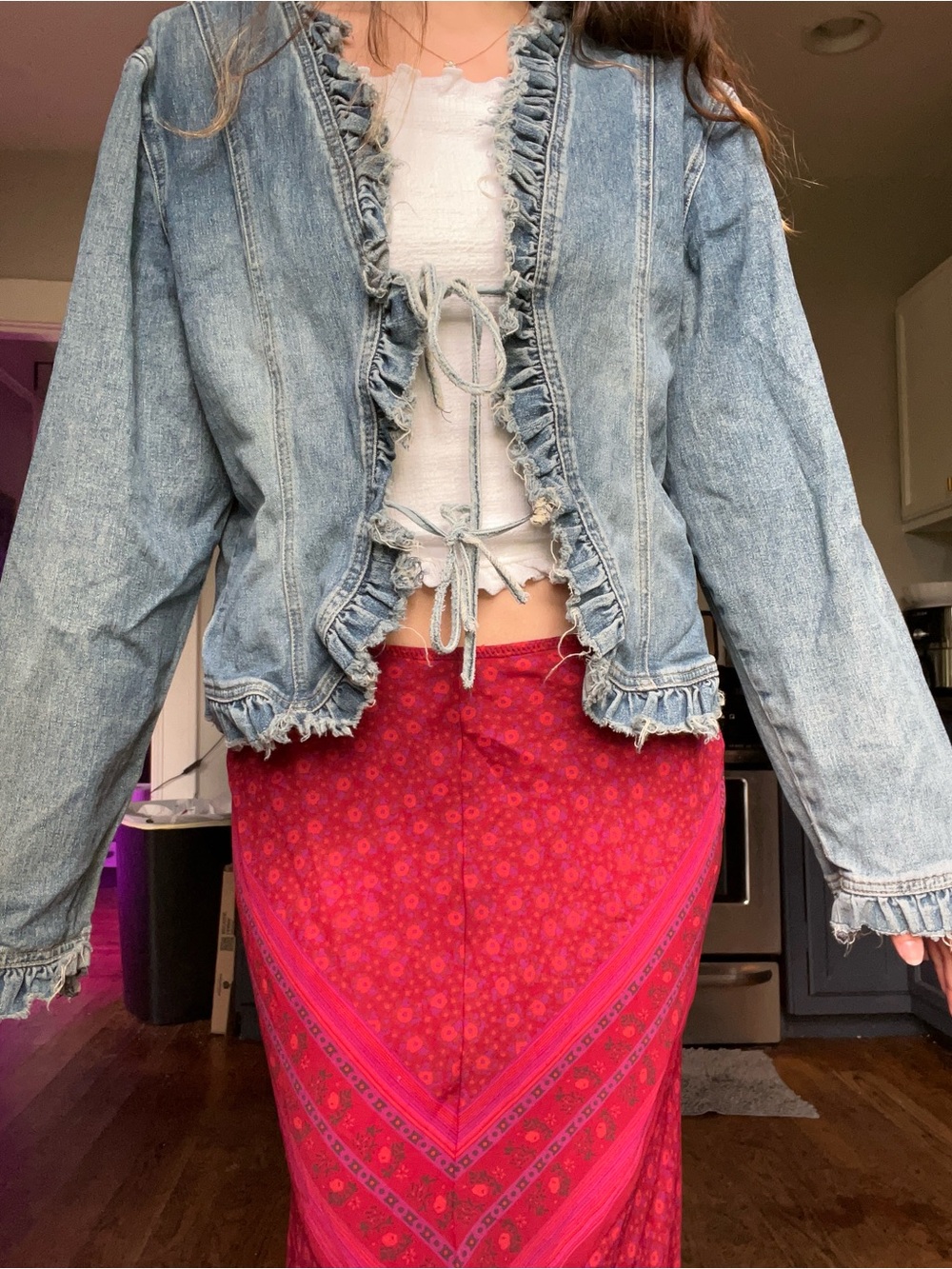 Wallis Light Blue Denim Top with Ruffle Trim